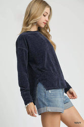 Umgee Round Neck Long Sleeve Side Slit Top OutfitFlow